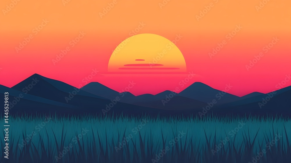 Obraz premium Serene rice fields with mountains and a vibrant sunset