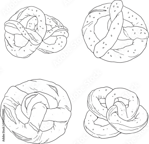 Line art illustration featuring a collection of pretzels in various styles and arrangements. Simple black and white drawing.