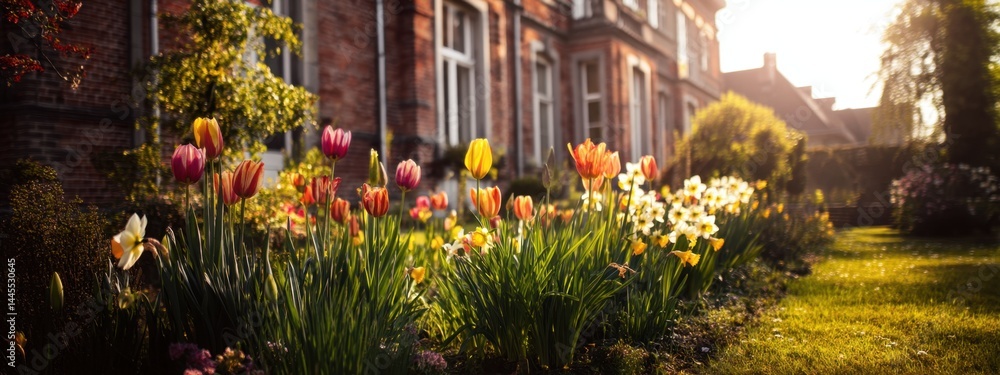 Fototapeta premium Vibrant Tulips and Daffodils Bloom Brilliantly in a Garden near an Old Brick House during Golden Hour Sunlight