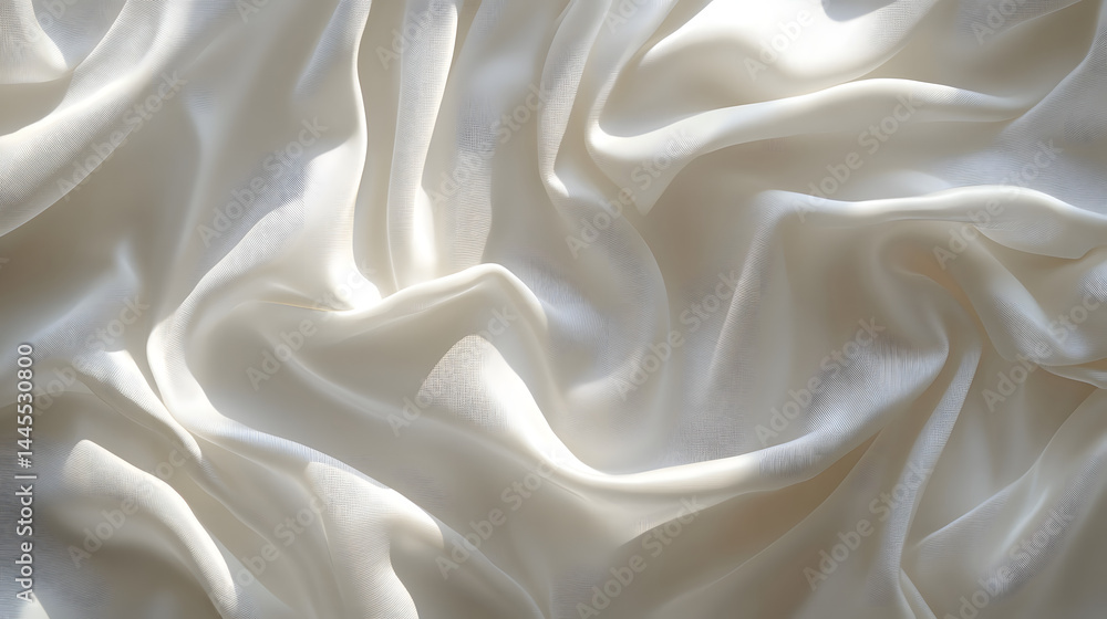 Flowing white silk fabric texture pure white background abstract art soft lighting horizontal view Flowing white silk fabric texture pure white background abstract art soft lighting horizontal view