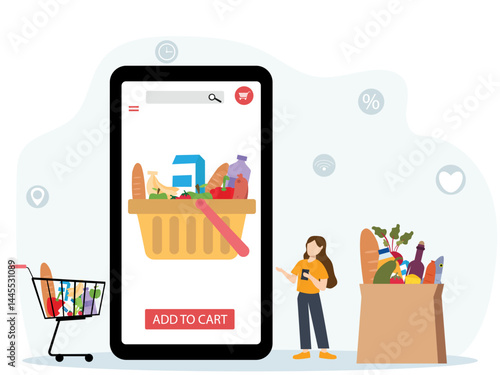 Order grocery with smartphone.people buying grocery food products in mobile app online Supermarket. Vector illustratio