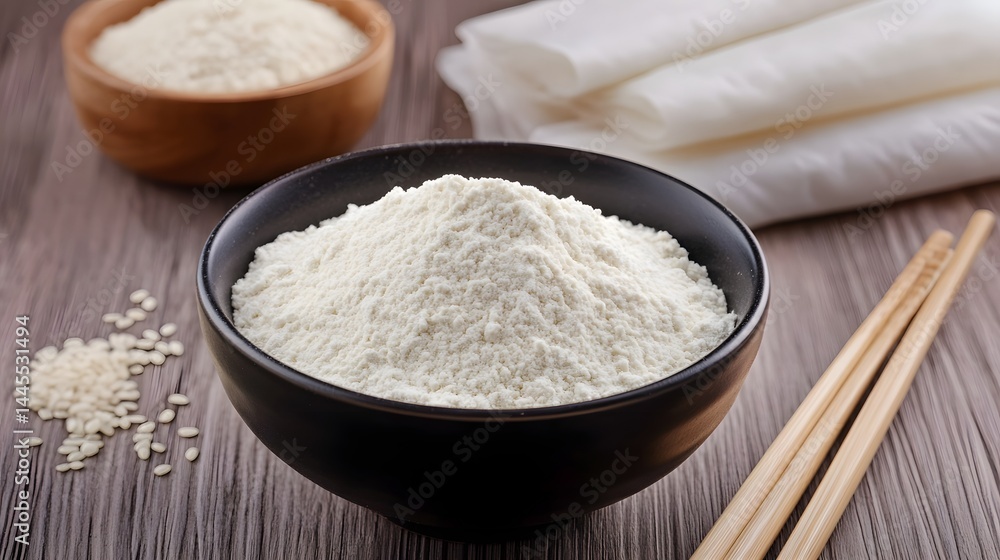 A bowl of rice flour with chopsticks and rice paper on a wooden table. A bowl of rice flour with chopsticks and rice paper on a wooden table.