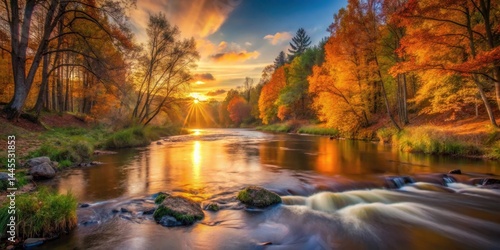 Autumn sunset over a serene river, forest landscape, flowing water