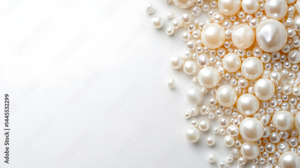 Elegant pearl arrangement on horizontal pure white background jewelry photography minimalist design Elegant pearl arrangement on horizontal pure white background jewelry photography minimalist design