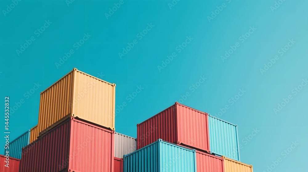Stacked multicolored shipping containers under a bright blue sky Stacked multicolored shipping containers under a bright blue sky
