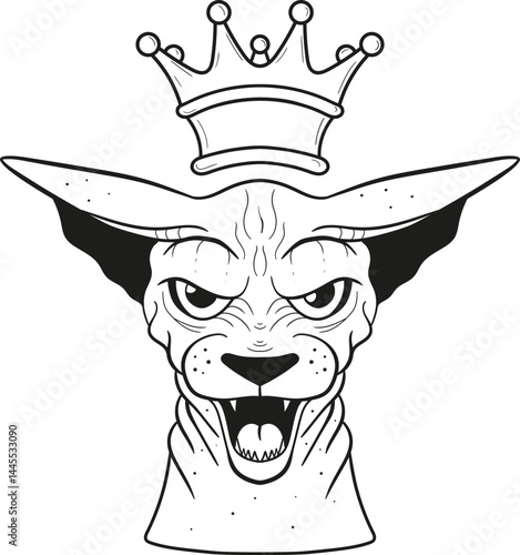 Hand drawn sphinx cat head with crown, vector illustration.
