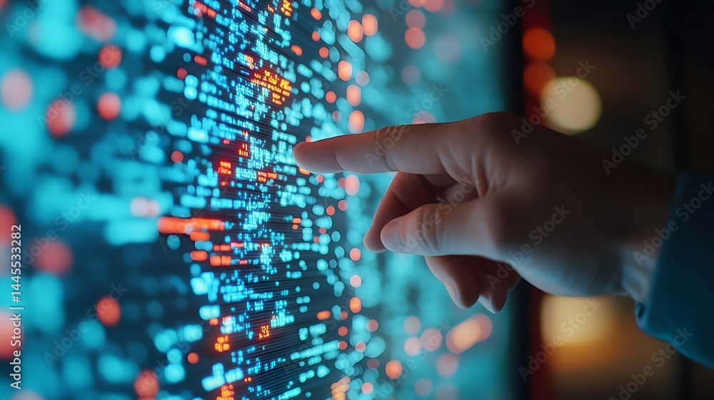 Hand pointing at futuristic digital screen with data and technology Hand pointing at futuristic digital screen with data and technology