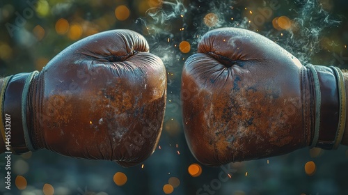 Vintage boxing gloves in a close-up confrontation.  Smoke and sparks fill the space between the gloves, symbolizing a fierce fight