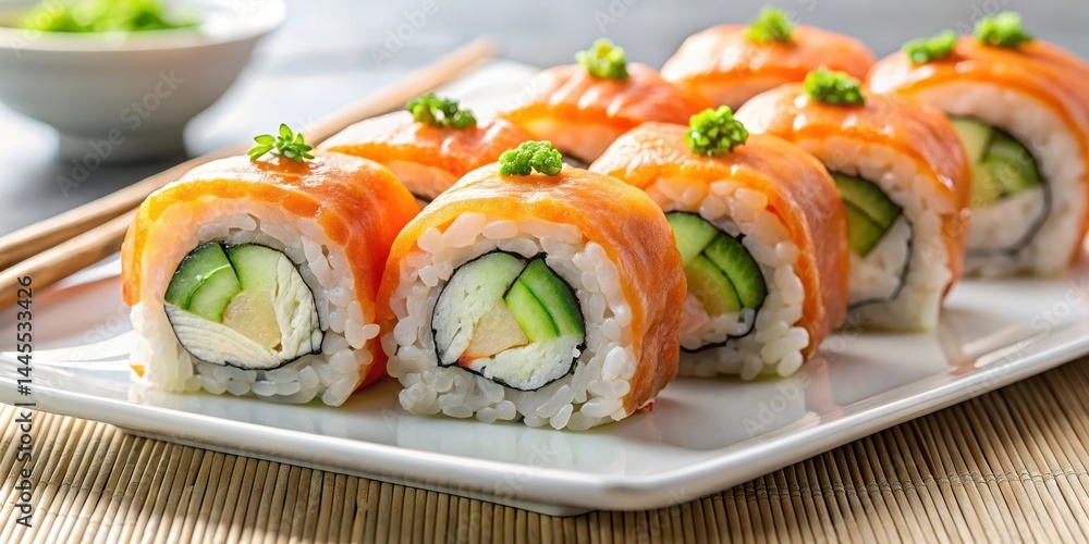 Sushi rolls with salmon slices and cucumber on a plain background, plate garnish, food on plate Sushi rolls with salmon slices and cucumber on a plain background, plate garnish, food on plate