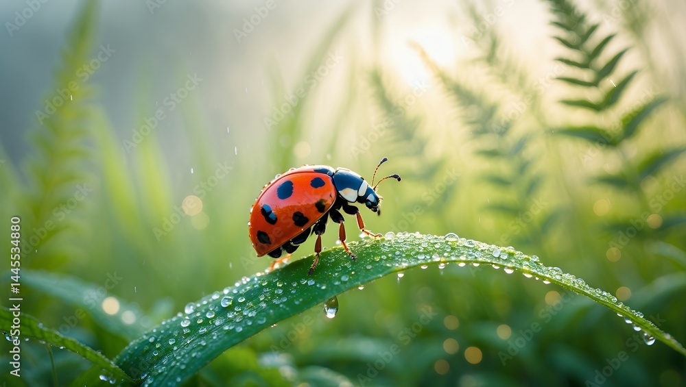 Fototapeta premium Ladybug on a wet leaf in a field
