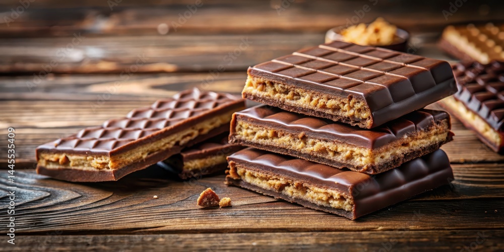 Rich decadent chocolate and crunchy biscuit bar dessert on a wooden table, pastry, chocolate, pastry,chocolate, food Rich decadent chocolate and crunchy biscuit bar dessert on a wooden table, pastry, chocolate, pastry,chocolate, food