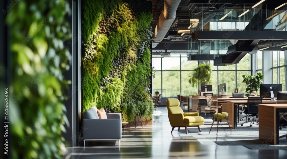 Fototapeta premium Modern office space with lush green plant walls, natural light, open seating, and contemporary decor promoting a sustainable work environment.