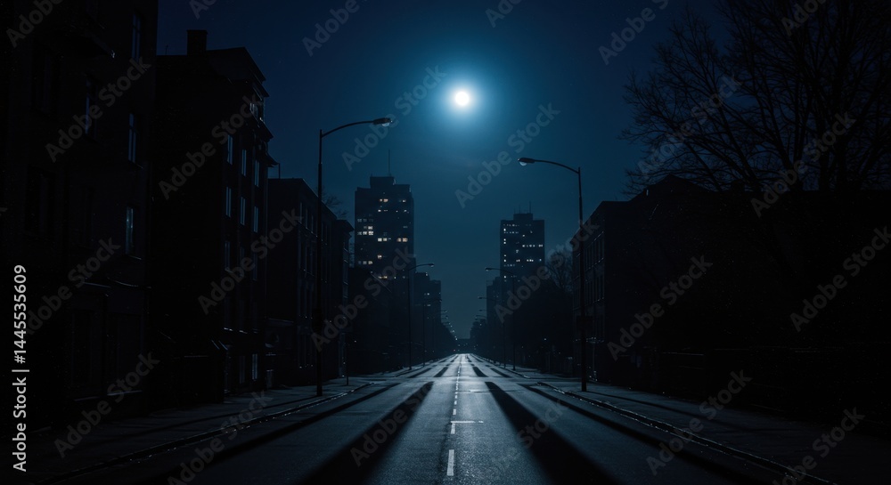 Urban street in complete darkness during power outage. AI-generated