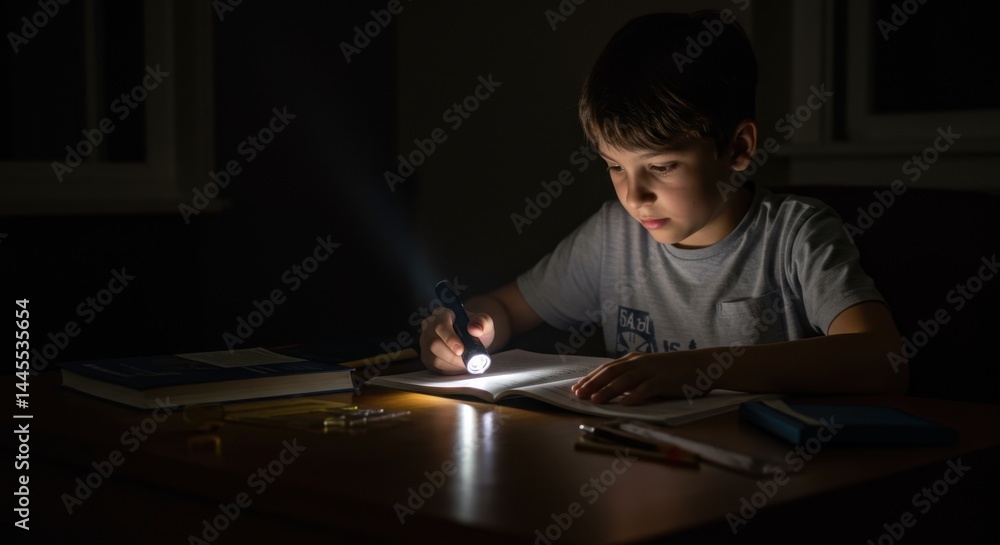 Child doing homework with flashlight during blackout. AI-generated