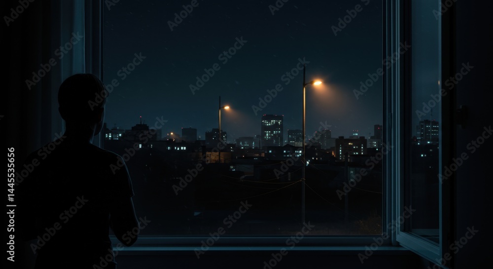 Person watching powerless city through window at night. AI-generated