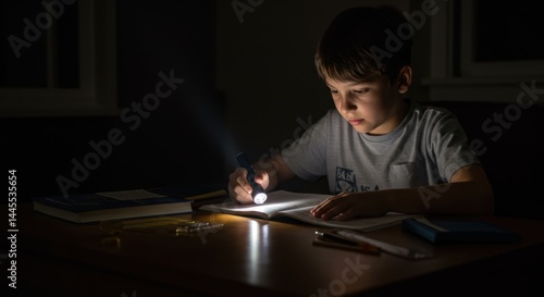 Obraz na płótnie Child doing homework with flashlight during blackout. AI-generated w salonie