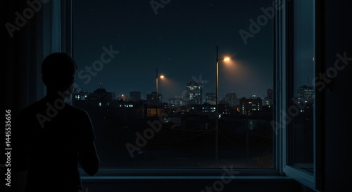 Obraz na płótnie Person watching powerless city through window at night. AI-generated w salonie
