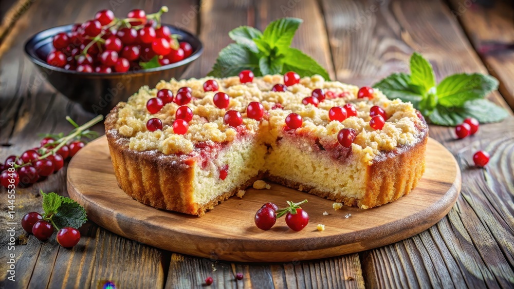 Moist ribiselkuchen cake with red currants and crumbly oat topping sitting on a rustic wooden table, kitchen, rustic Moist ribiselkuchen cake with red currants and crumbly oat topping sitting on a rustic wooden table, kitchen, rustic