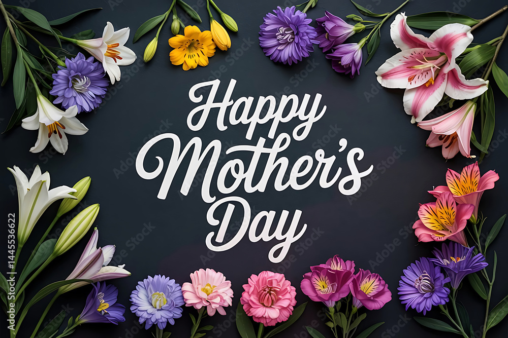 Fototapeta Happy Mothers Day Floral Frame with Lilies and Alstroemeria