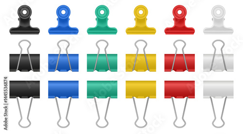 Set of multicolored binder clips and bulldog clips. Black, blue, green, yellow, red and white paper holders.	