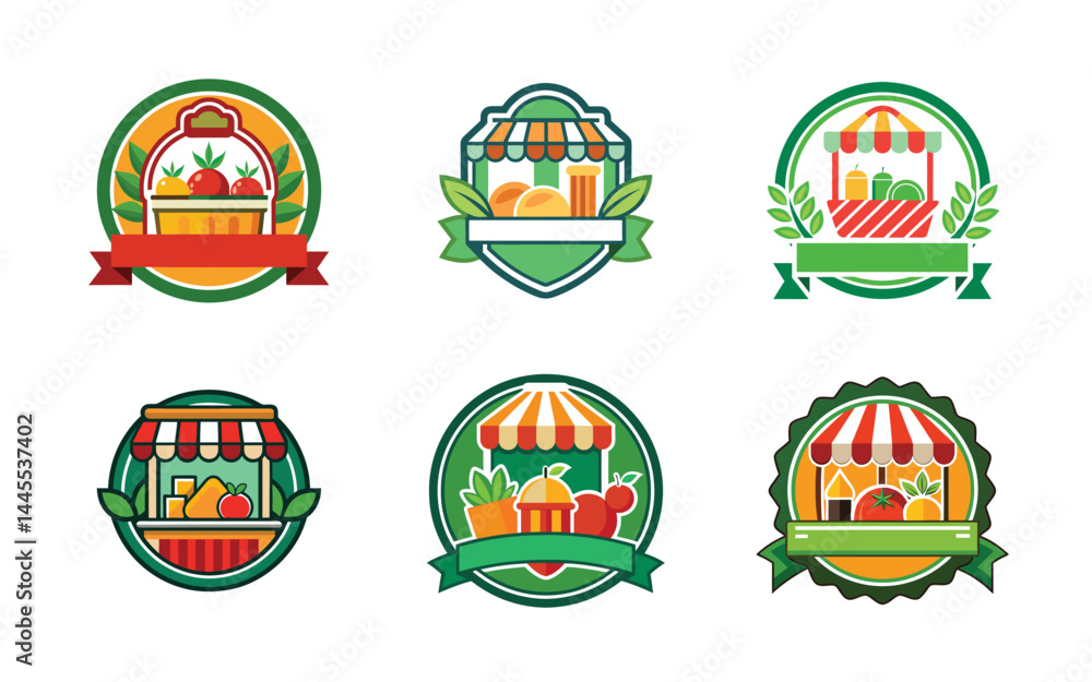 Naklejka premium Colorful Market Stall Logos Fresh Produce and Groceries,