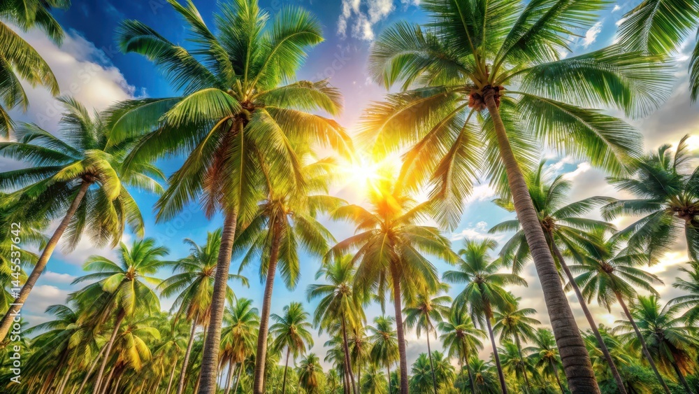Fototapeta premium Palm trees bask in warm sunlight as gentle summer breeze rustles their leaves