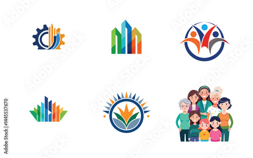 Colorful Logos and Happy Family Group Diverse Business Concepts,