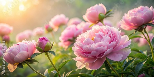Fototapeta Naklejka Na Ścianę i Meble -  Soft pink peonies gently unfolding in a misty garden at dawn , blooming flowers