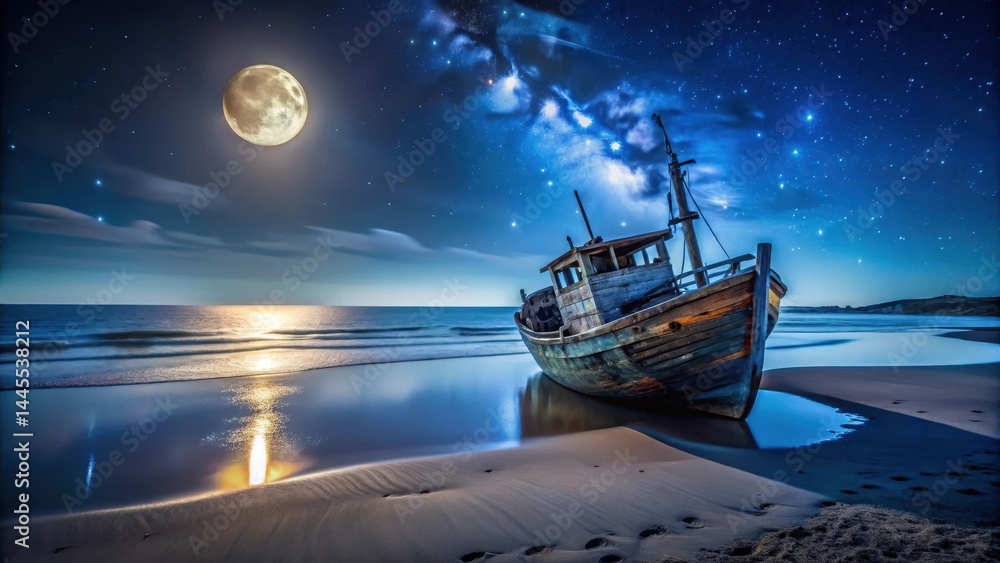 Boat wreckage on moonlit beach at night, isolated, darkness, isolated, darkness, nighttime, solitary, wrecked vessel Boat wreckage on moonlit beach at night, isolated, darkness, isolated, darkness, nighttime, solitary, wrecked vessel