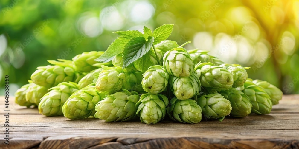 Freshly harvested green hop cones in high definition on a light-colored wooden table, fresh green beer hops, farm Freshly harvested green hop cones in high definition on a light-colored wooden table, fresh green beer hops, farm