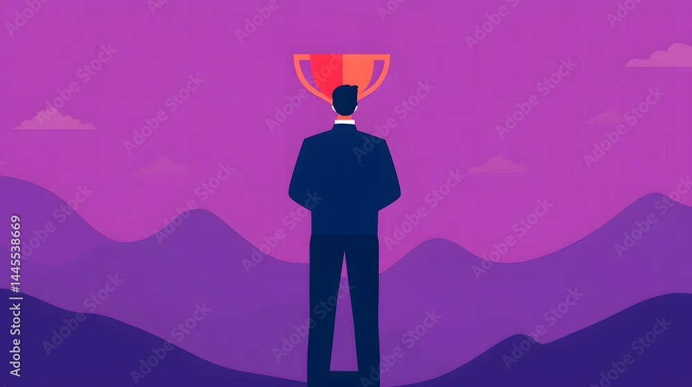 Silhouetted figure holding a trophy symbolizes business success and achievement.