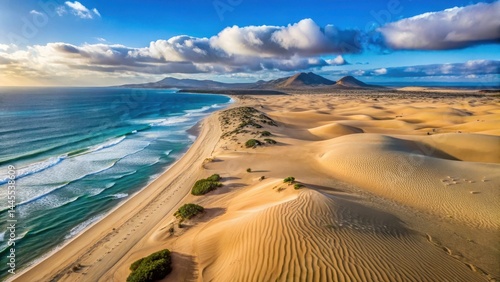 Fototapeta Naklejka Na Ścianę i Meble -  Aerial drone view of sand dunes in Corralejo National Park, sand dunes, tourism,  sand dunes, tourism, geology