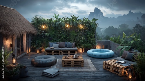 Rustic rooftop patio with jungle view