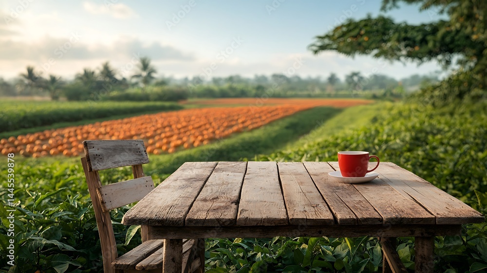 Fototapeta premium Rustic wooden table with red cup overlooking pumpkin field
