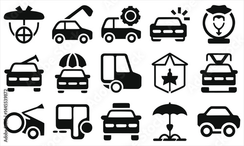 Collection of Black and White Car and Transportation Vector Icons..