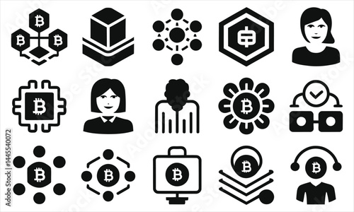 Bitcoin Cryptocurrency Vector Icons Set/A collection of black and white Bitcoin-related icons, perfect for depicting cryptocurrency transactions, networks, and people involved in the digital currency.
