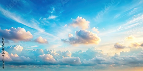 Fototapeta Naklejka Na Ścianę i Meble -  Soft sky blue gradient with fluffy white clouds and a hint of greenery on a serene landscape at sunrise , subtle, soothing