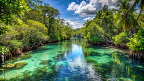Dense foliage and mangrove forests surround a tranquil river with crystal clear waters amidst lush greenery and vibrant tropical plants, landscape, lush greenery