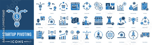 Startup pivoting Icon set. Business Pivot, Strategy Shift, Market Adaptation, Product Redesign, New Business Model, Target Market Shift and Product-Market Fit