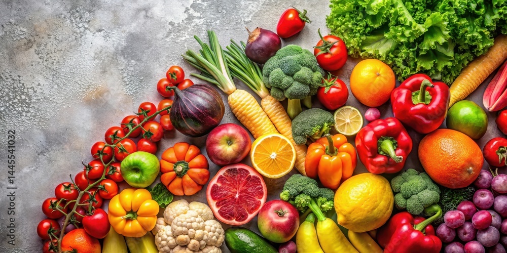 Brightly colored juicy fruits and vegetables arranged artfully on a neutral background, arrangement, still life Brightly colored juicy fruits and vegetables arranged artfully on a neutral background, arrangement, still life