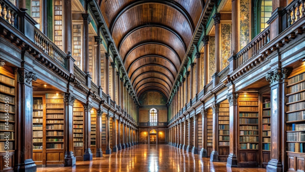 Obraz premium High ceilings and ornate wooden paneling adorn a grand hallway leading to the Trinity College Library Dublin's iconic Long Room , historic, library