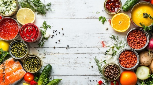 Delicious canned food and fresh produce arrangement on white wooden tabletop diet life beans lemon