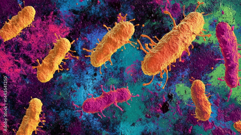 Colorful Microscopic World Filled With Vibrant Bacteria Exploring an Unknown Environment