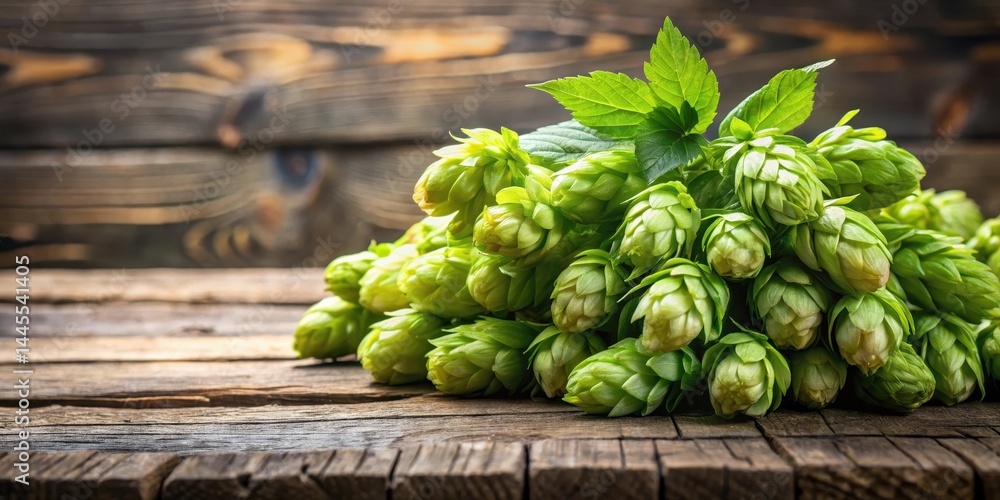Fresh green hops bunched together on a wooden table, botanical, hop, botanical, hop, agriculture, fresh Fresh green hops bunched together on a wooden table, botanical, hop, botanical, hop, agriculture, fresh