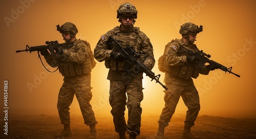 Soldiers Patrolling Terrain with Rifles Against Dramatic Lighting Backdrop