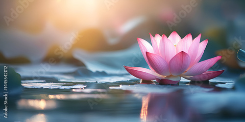 Serene Pink Lotus Flower Floating on Calm Water | Tranquil Nature, Beautiful Lotus Blossom on Water Surface at Sunset | Peaceful Water Flower, Close-Up of Pink Lotus Flower in Pond