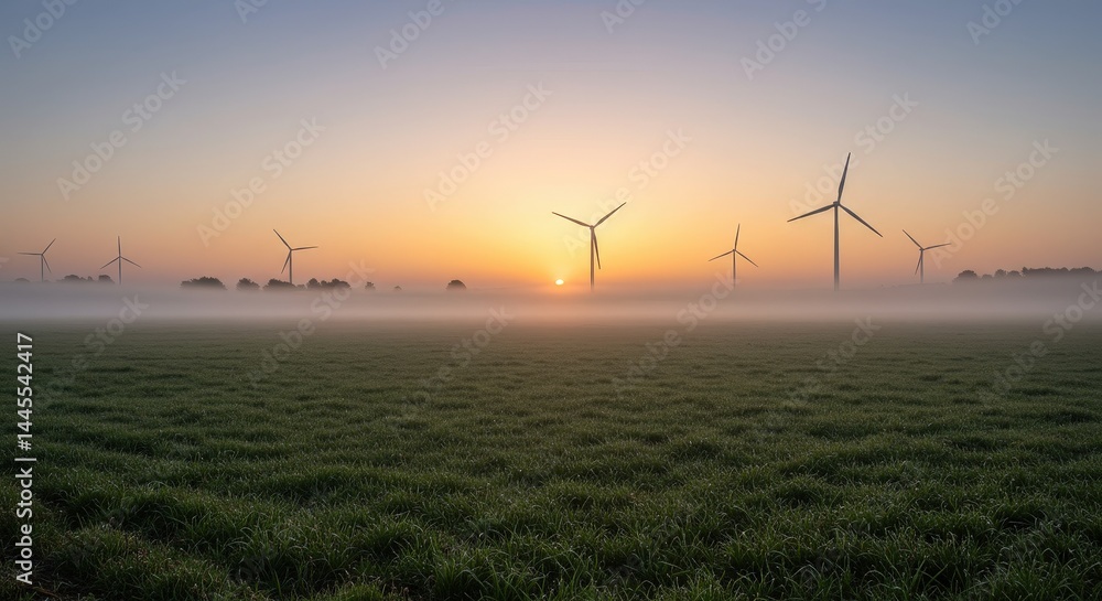 Fototapeta premium Wind park farm with colorful sunset