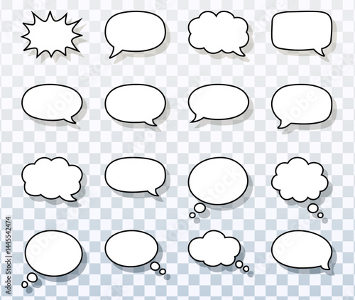 set of outlined comic speech bubbles on transparent vector background,