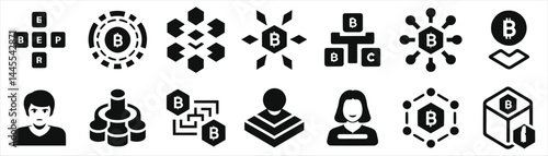 A set of modern, black and white  vector icons representing various aspects of Bitcoin cryptocurrency./Modern Bitcoin Cryptocurrency Icons Set..