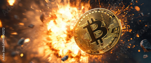 Bitcoin Explosion: A golden bitcoin coin, representing the world of cryptocurrency, explodes in a powerful, fiery display of financial disruption and digital innovation.